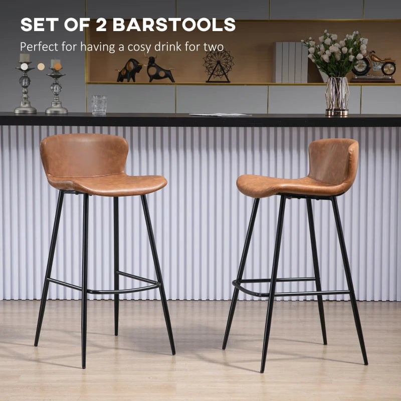 Brown PU Leather Bar Stools Set of 2 with Backs and Steel Legs