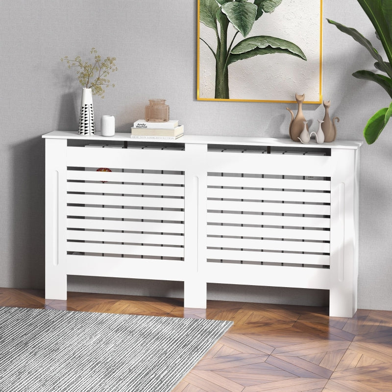 White Modern Radiator Cover with Horizontal Slats, 152 x 19 x 81 cm