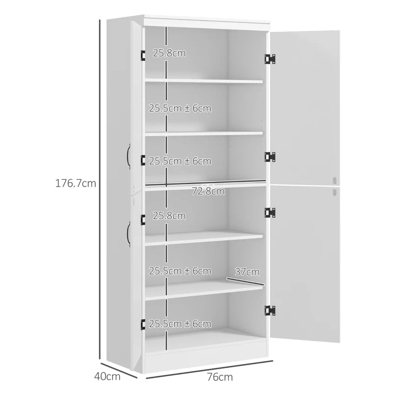 White 4-Door Tall Kitchen Cupboard with 6-Tier Storage