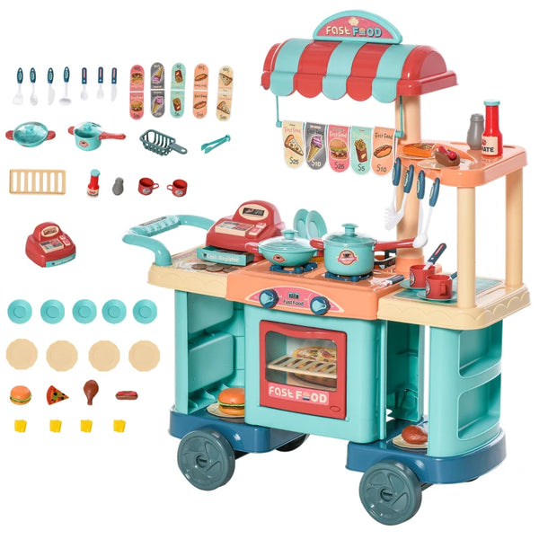 Kids Fast Food Trolley Cart Playset - Blue Pretend Play Kitchen Set