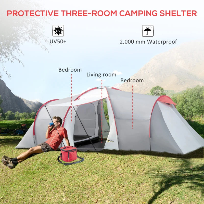 4-Person Tunnel Camping Tent with 2 Bedrooms and Living Room - Grey/Red