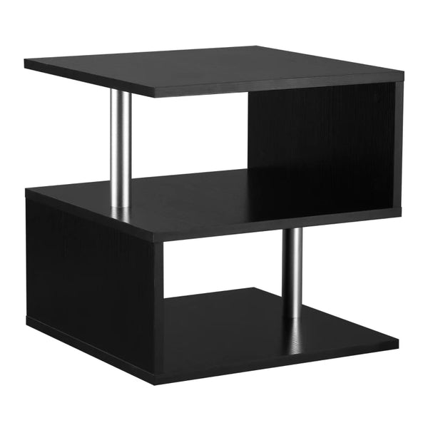 Black Wooden S-Shaped Coffee Table with 2-Tier Storage Shelves
