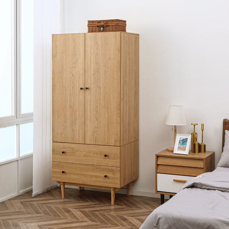 Natural Tone Wardrobe with 2 Doors, 2 Drawers, Hanging Rail - Bedroom Clothes Storage 80x52x180cm