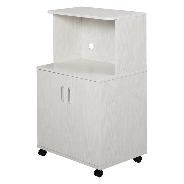 White Kitchen Microwave Cart with Cabinet and Locking Wheels