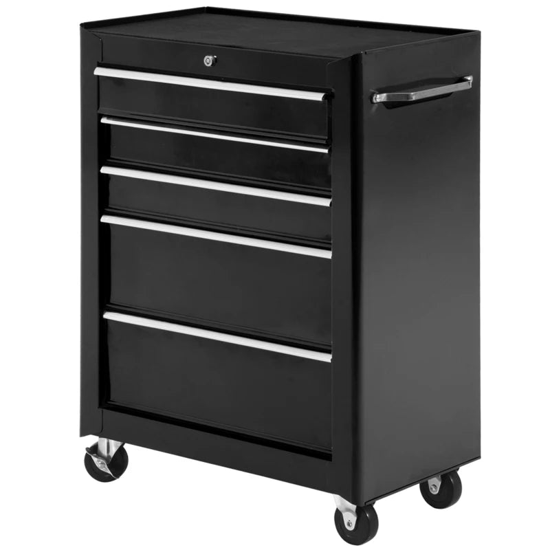 Black 5-Drawer Lockable Steel Tool Cabinet with Wheels