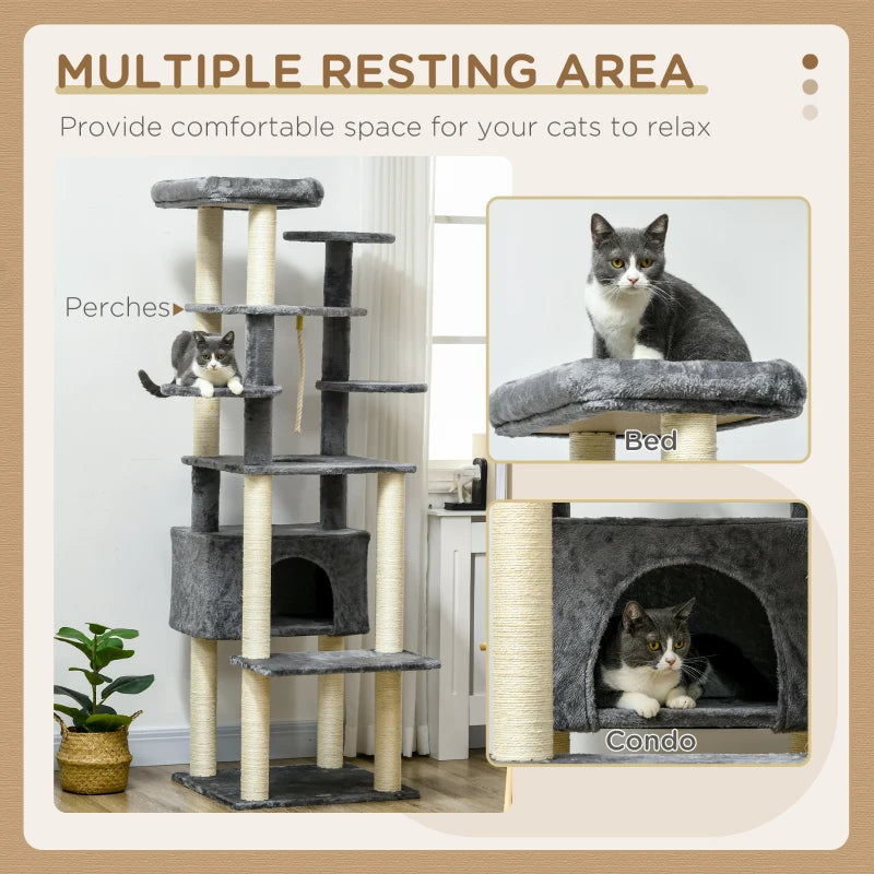 Modern Grey Cat Tree with Bed, Perches, Scratching Posts - 184cm