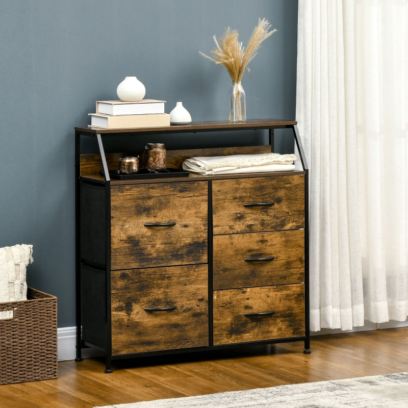 Rustic Brown 5-Drawer Fabric Dresser with Open Shelf