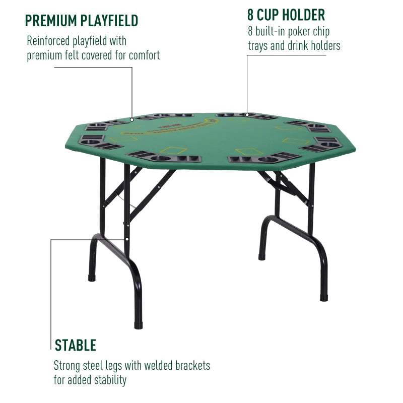 Green Octagon Poker Table with Cup Holders - 8 Player