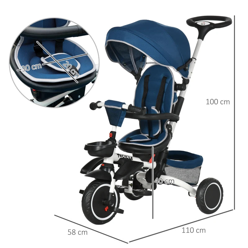 Blue Kids Tricycle with Rotatable Seat & Adjustable Push Handle