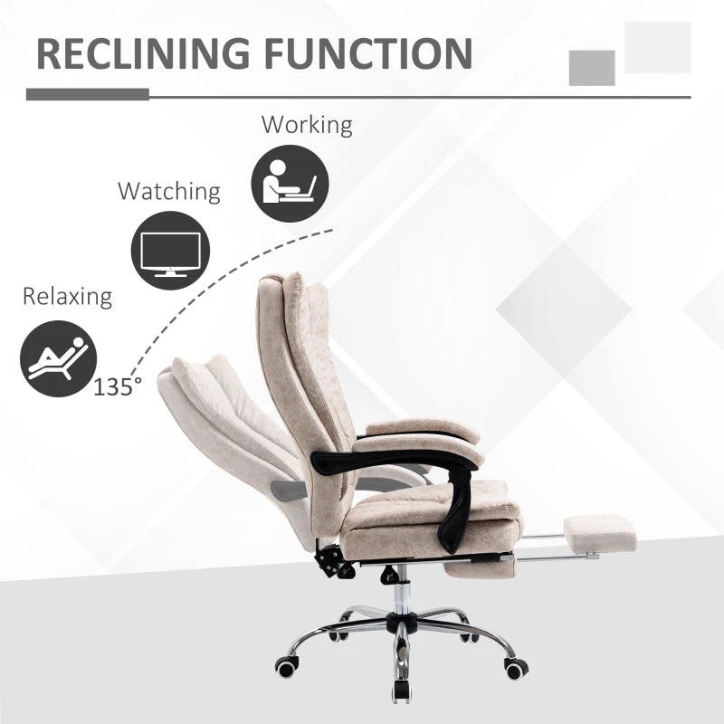 Beige Microfibre Home Office Chair with Reclining Function & Footrest