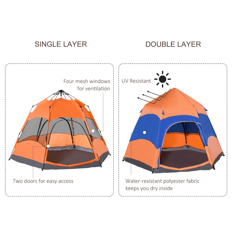 Hexagon Double Layer Dome Tent, 4-Person Pop Up Camping Shelter, Orange/Blue