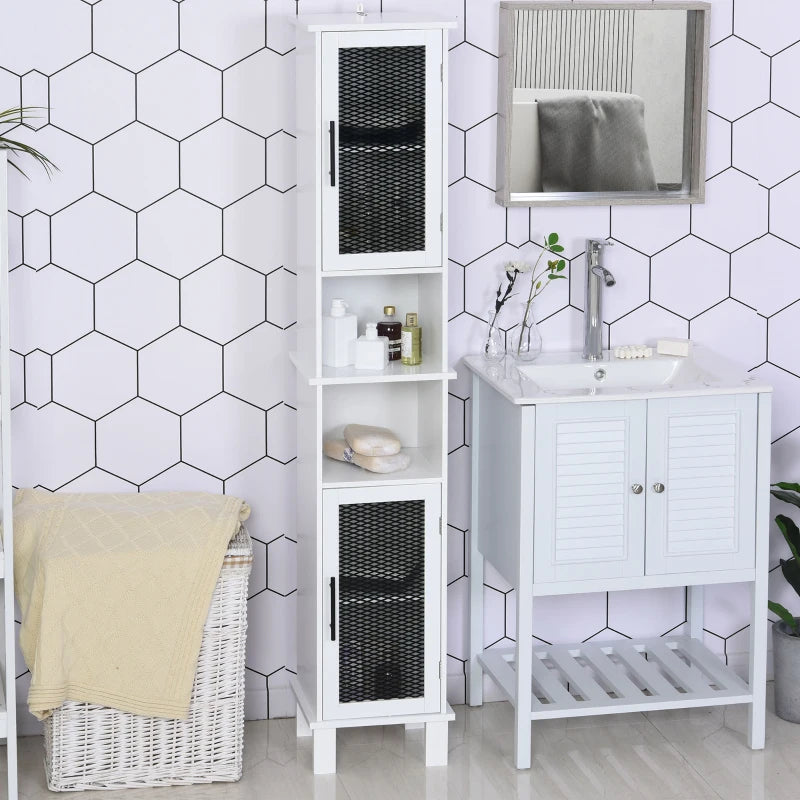 6-Tier White Bathroom Floor Cabinet with Glass Doors