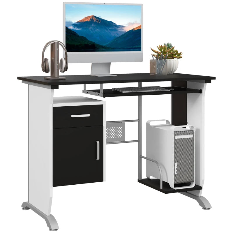Black Computer Desk with Keyboard Tray and Storage Drawers, Home Office Workstation