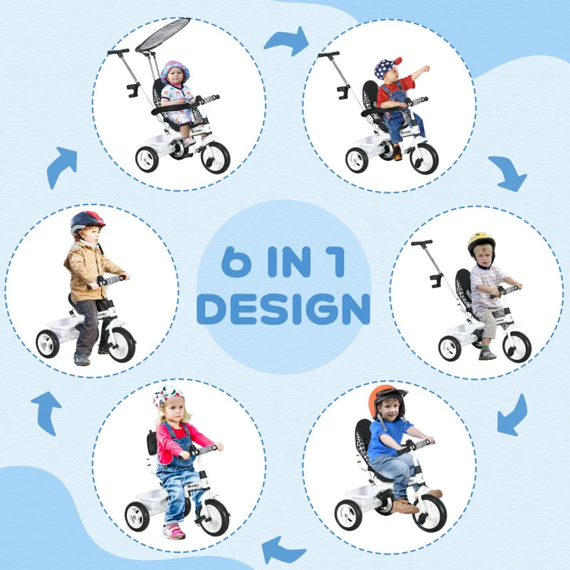 White 6-in-1 Kids Tricycle with 5-Point Harness & Canopy