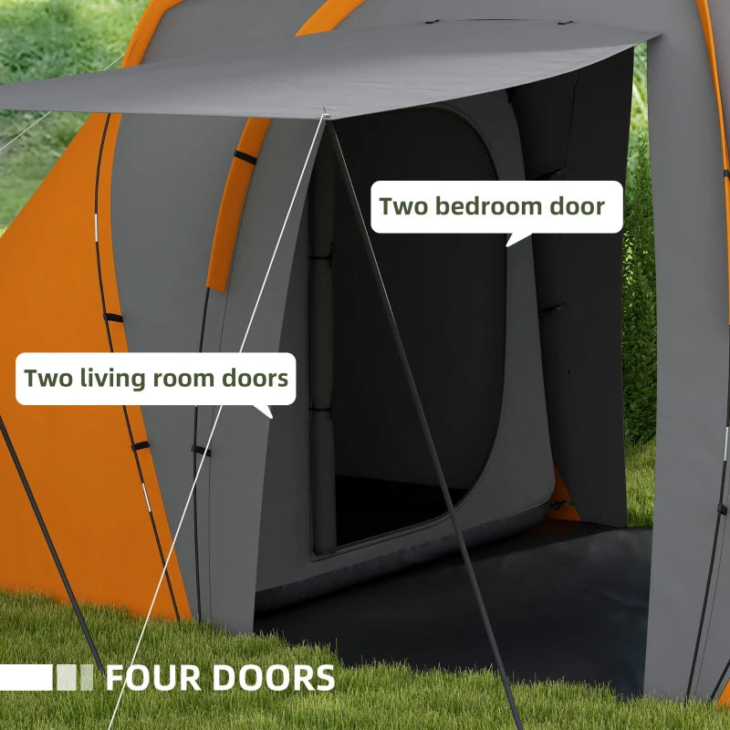 Orange 2-Bedroom Camping Tunnel Tent, 2000mm Waterproof, Portable for 4-6 People