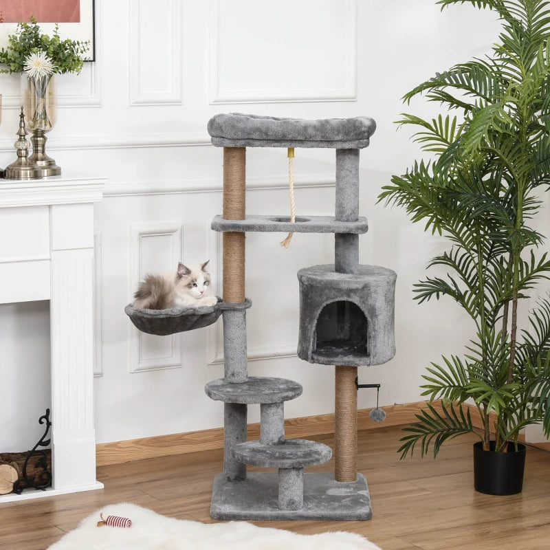 Cat Climbing Tree Tower 120cm with Scratching Post and Hammock - Light Grey