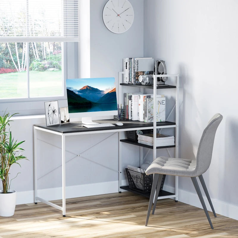 Reversible Industrial Computer Desk with Storage Shelves, Black & White