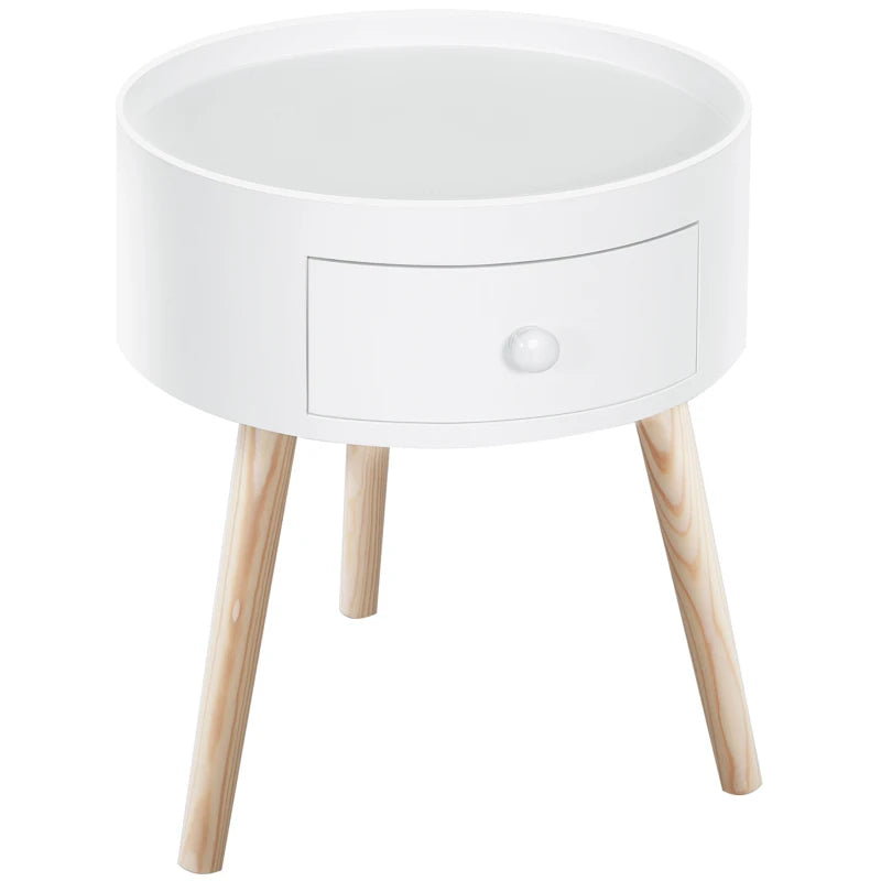 White Round Side Table with Drawer and Wood Legs