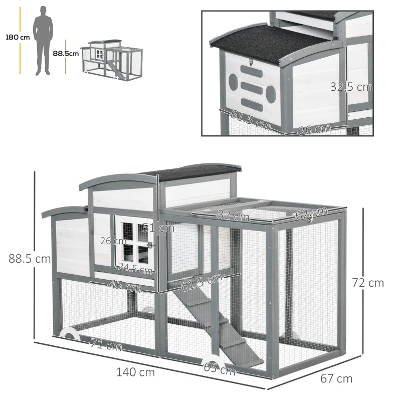 Wooden Chicken Coop with Run and Nesting Box - Outdoor Poultry Cage (Grey) 140 x 67 x 88.5cm