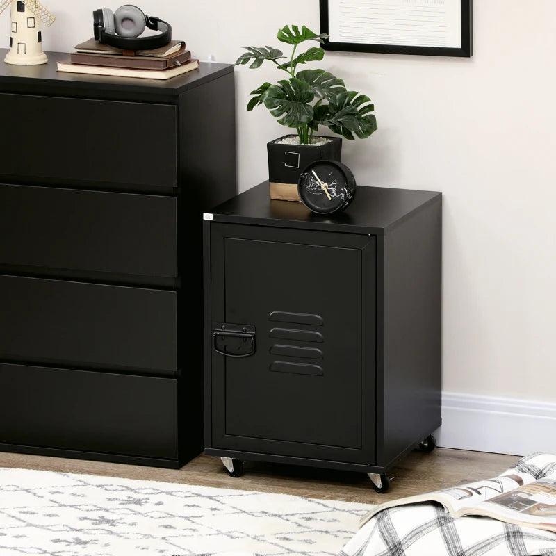Black Industrial Rolling Bedside Table with Adjustable Shelf