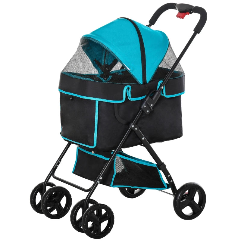 Foldable Pet Stroller with Adjustable Canopy - Blue