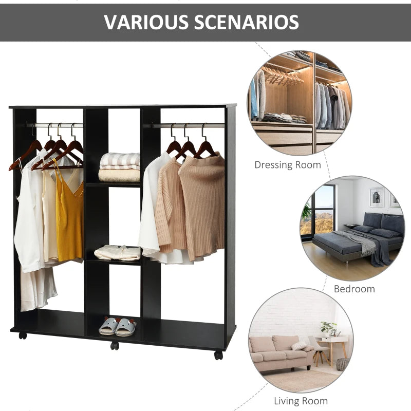 Black Double Open Wardrobe with Hanging Rails and Shelves