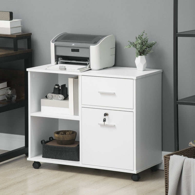 White Mobile Filing Cabinet with Lockable Drawer and Shelves