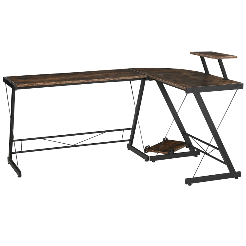 Rustic Brown and Black L-Shaped Computer Desk with Monitor and CPU Stand