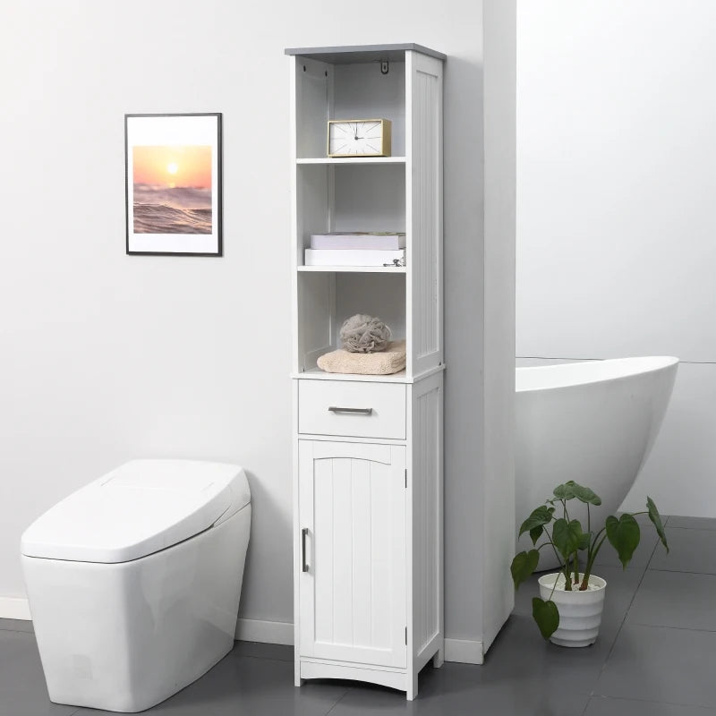 White Tall Bathroom Storage Cabinet with 3 Tier Shelf & Drawer