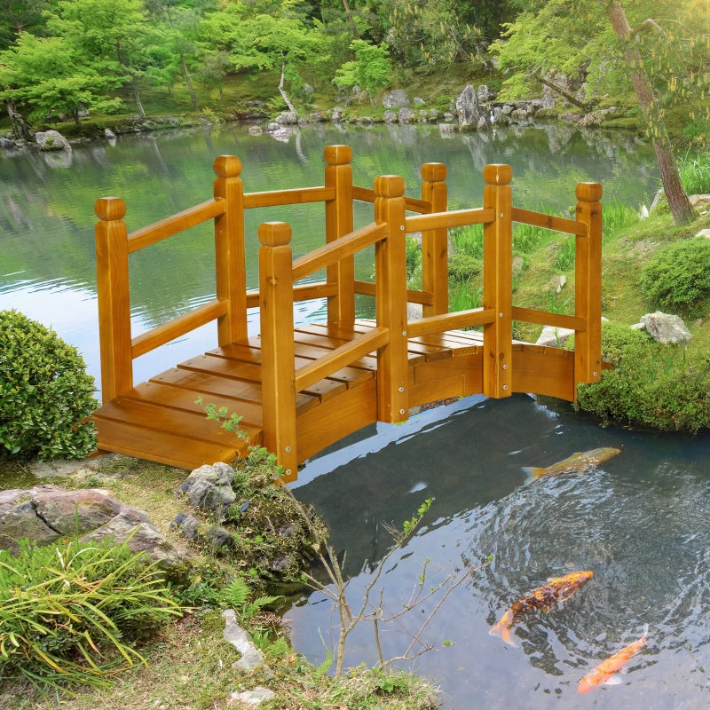 Brown Wooden Garden Bridge with Safety Railings for Pond Backyard Stream