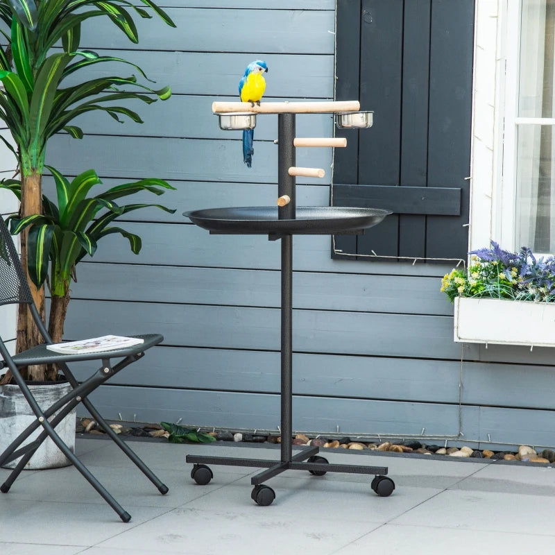 Metal Bird Play Stand with Feeding Station and Wheels, Black