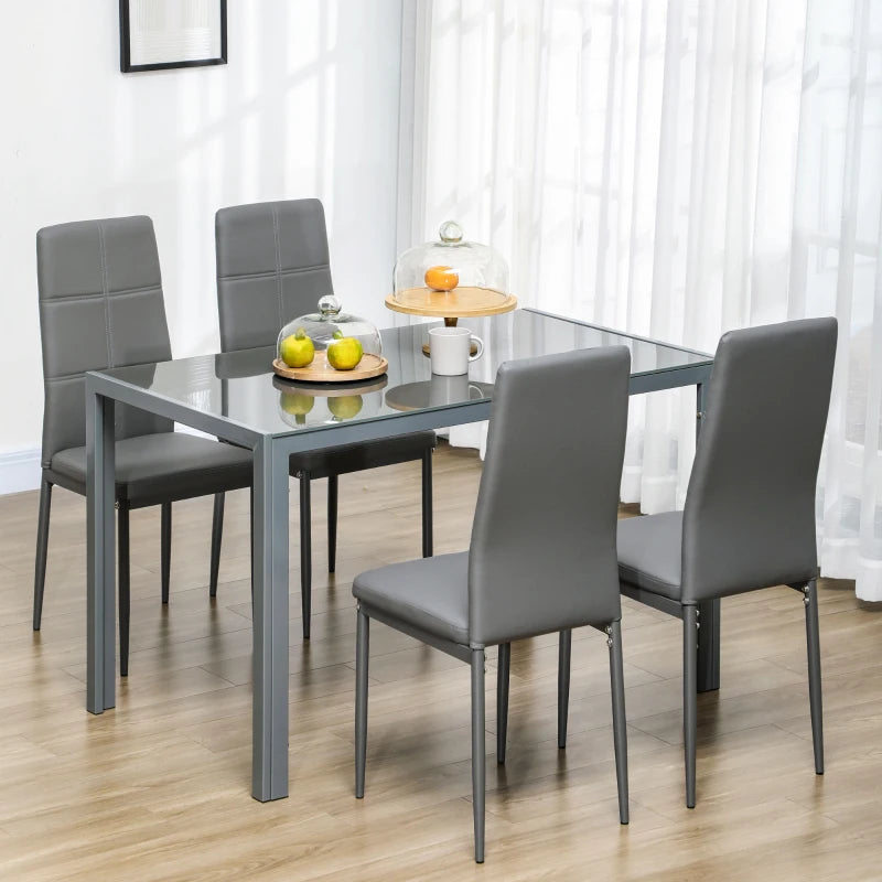 5-Piece Grey Dining Table Set with Glass Tabletop and Faux Leather Chairs