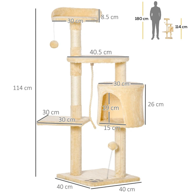 Beige Cat Tree Condo with Toys - 4-tier 114cm Tall