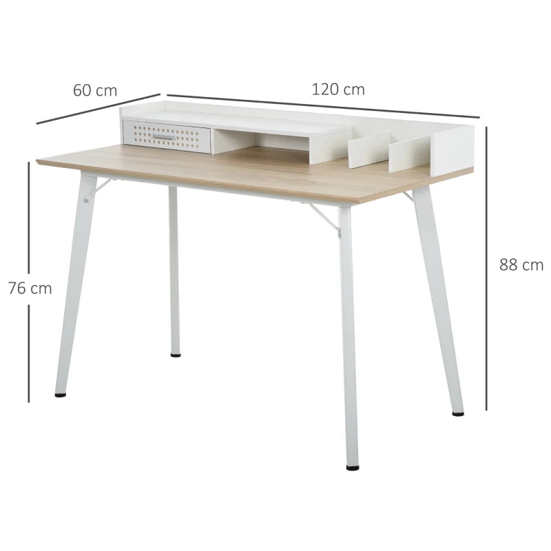 White Compact Computer Desk with Monitor Stand and Storage