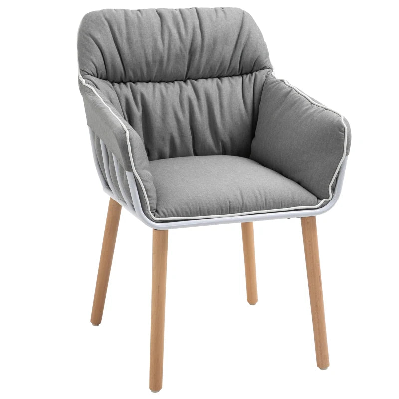 Grey and White Piped Accent Chair with Thick Padding and Wood Legs