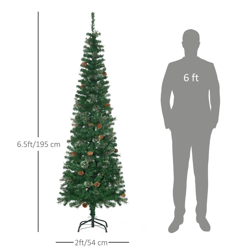 6.5FT Tall Slim Green Christmas Tree with Realistic Branches and Pine Cones