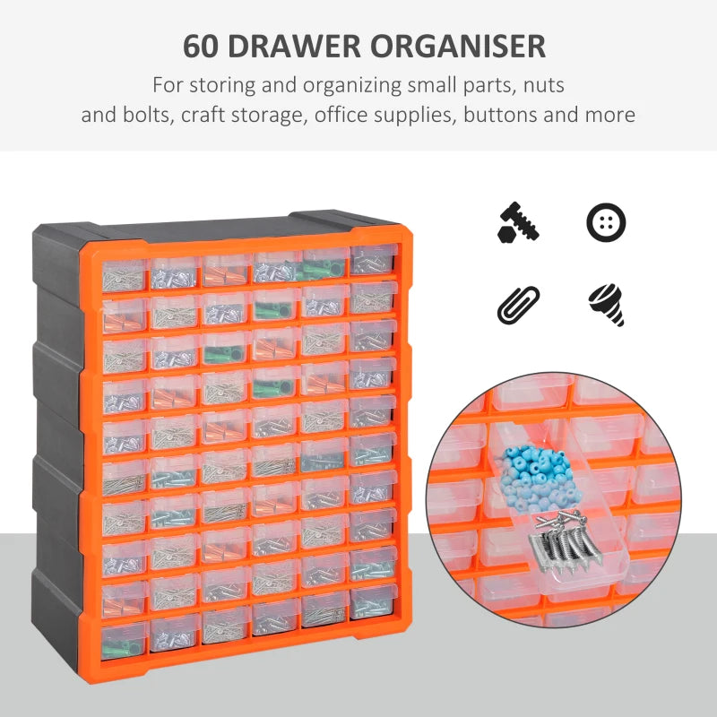 60-Drawer Clear Orange Wall Mount Parts Organizer