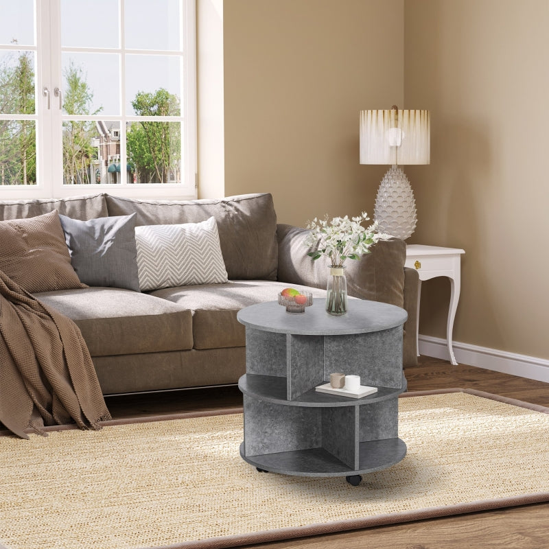 Round Cement Coffee Table with Divided Shelves and Wheels