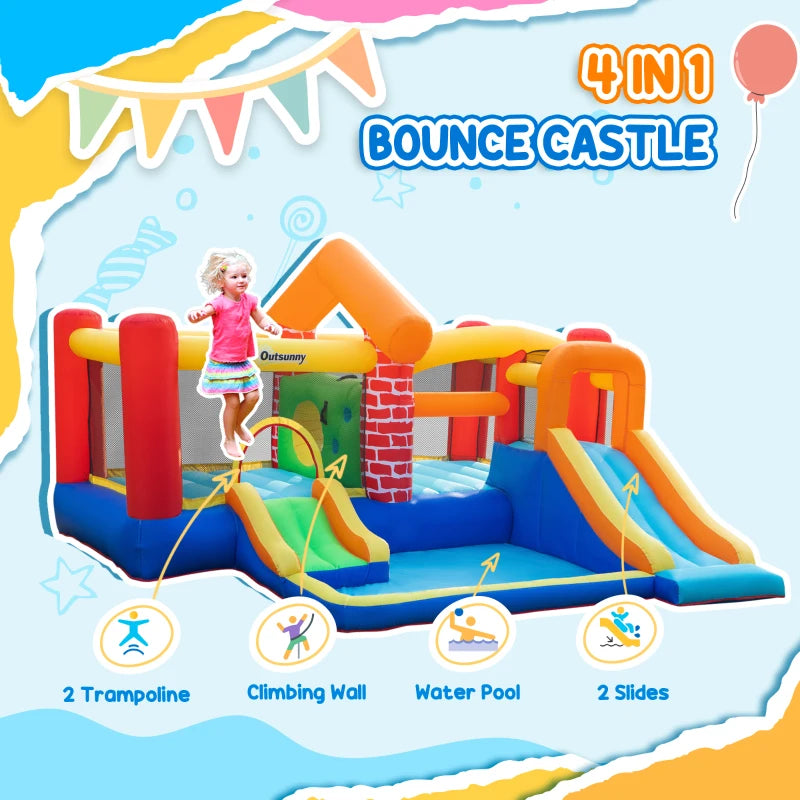 Kids 4-in-1 Inflatable Bouncy Castle with Double Slides, Trampoline, Pool, and Climbing Wall - Blue