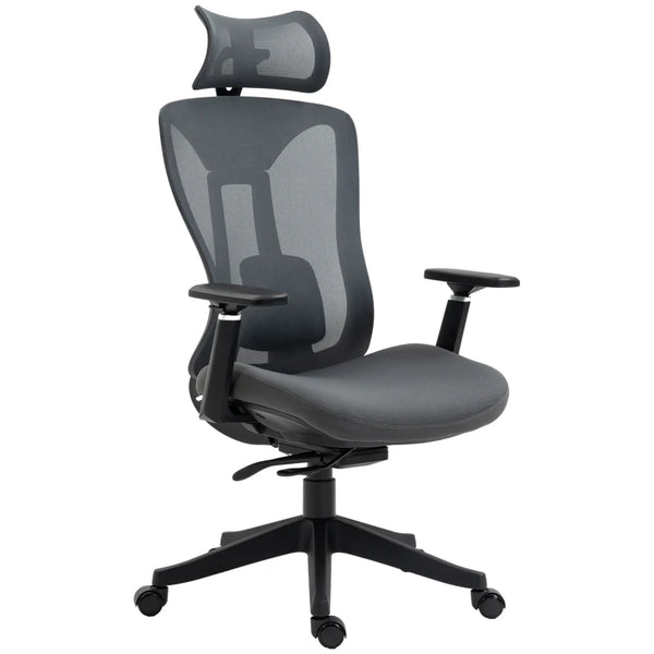 Grey Ergonomic Mesh Office Chair with Adjustable Headrest and Lumbar Support