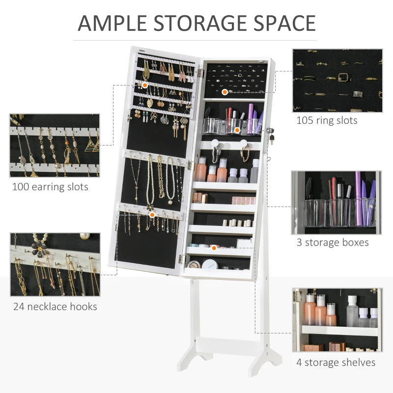 White LED-Lit Lockable Jewellery Cabinet with Mirror