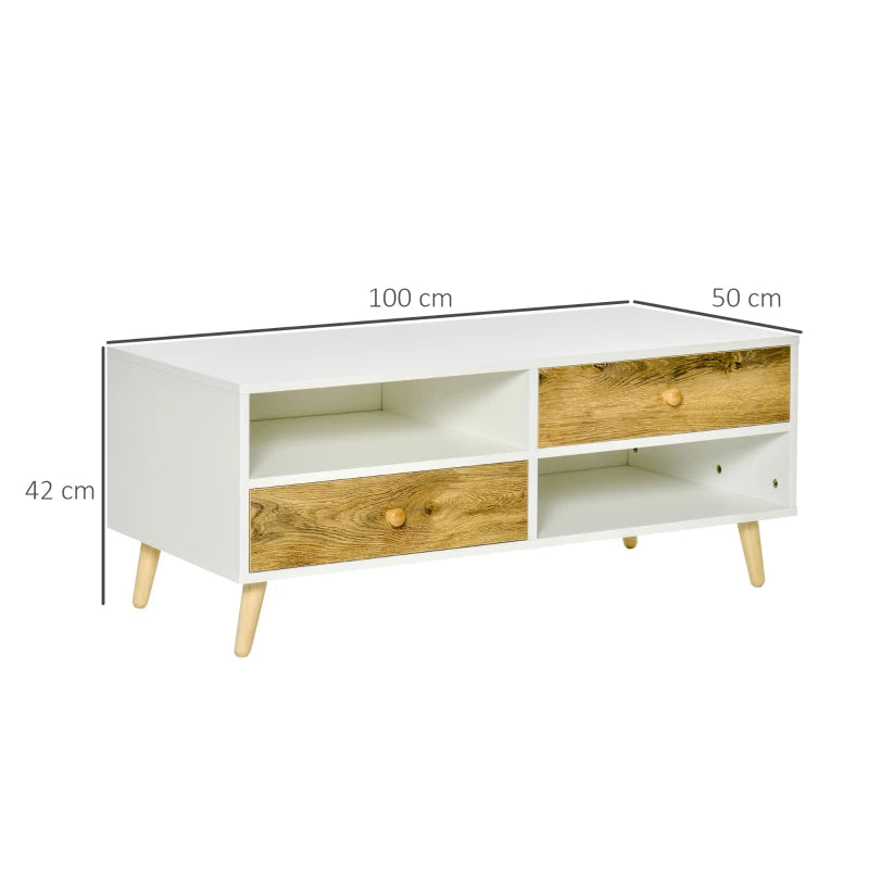 Rectangular White and Brown Coffee Table with Drawers and Shelves