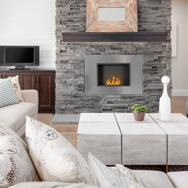 Silver Wall Mounted Bioethanol Fireplace - 1.5L Tank, 3 Hour Burn Time