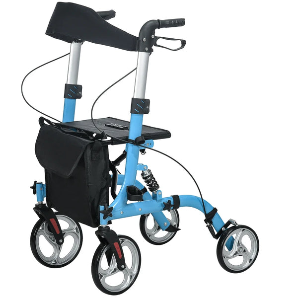 Blue Folding Rollator Walker with Seat and Large Wheels