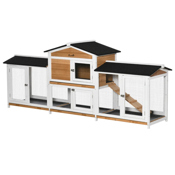 Wooden 2-Tier Rabbit Hutch with Double Side Run Boxes, Plastic Tray, Ramp - 230 x 53 x 93.5cm