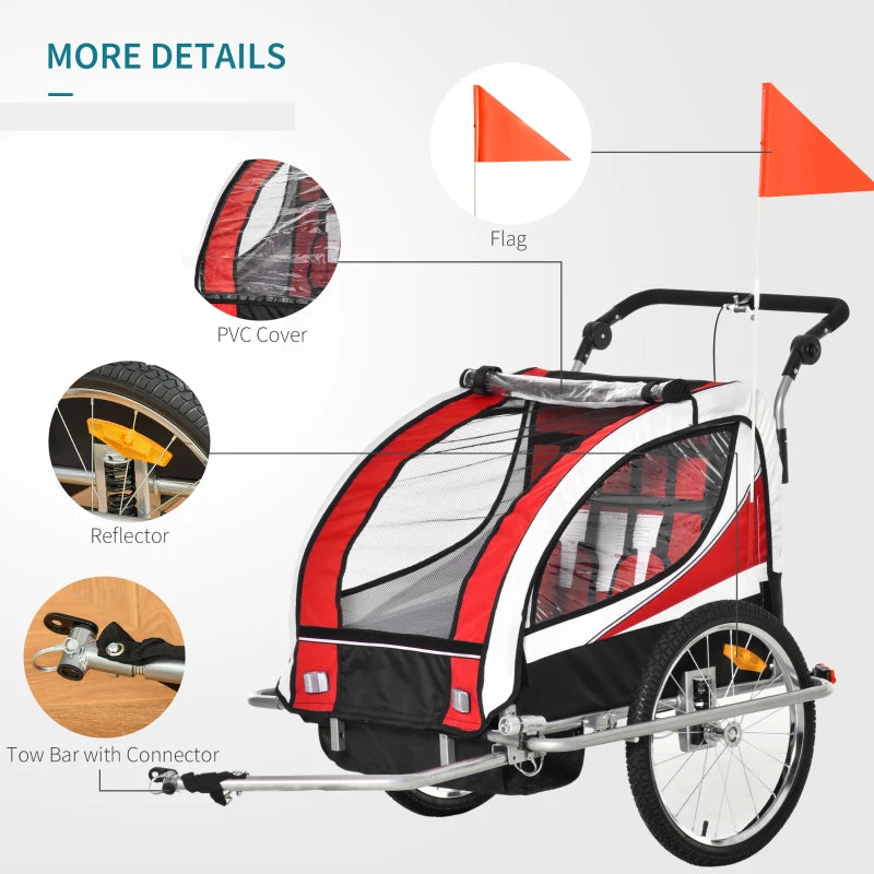 Red Child Bike Trailer for 2 Kids with 360° Rotatable Design