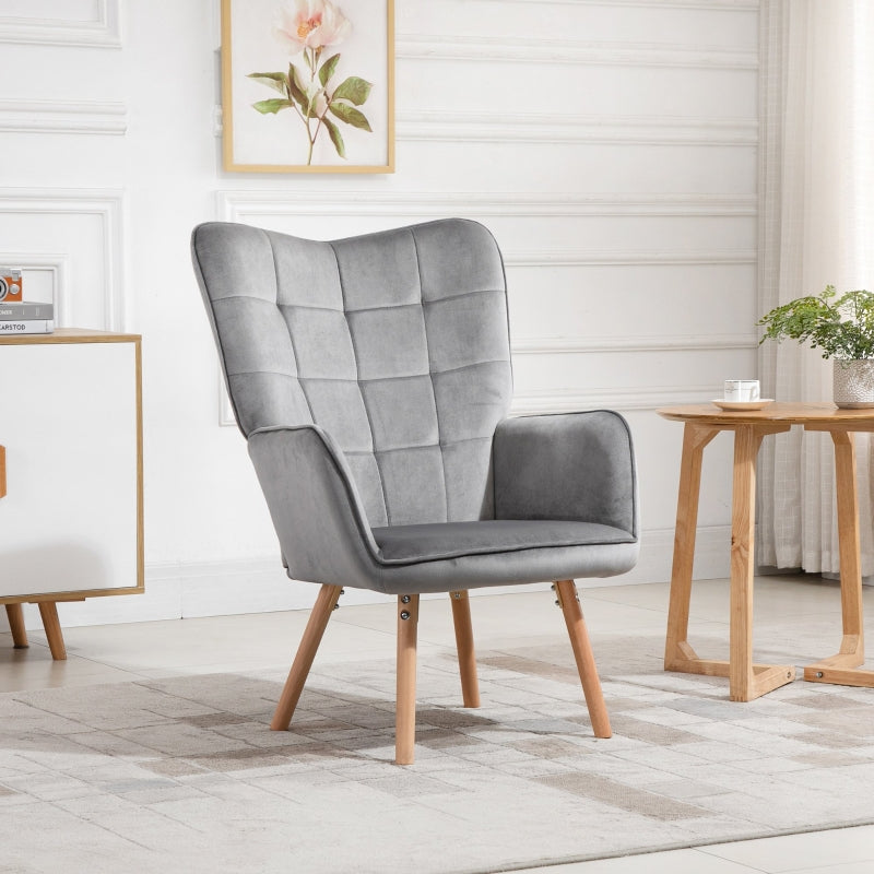 Grey Velvet Tufted Wingback Armchair with Wood Legs