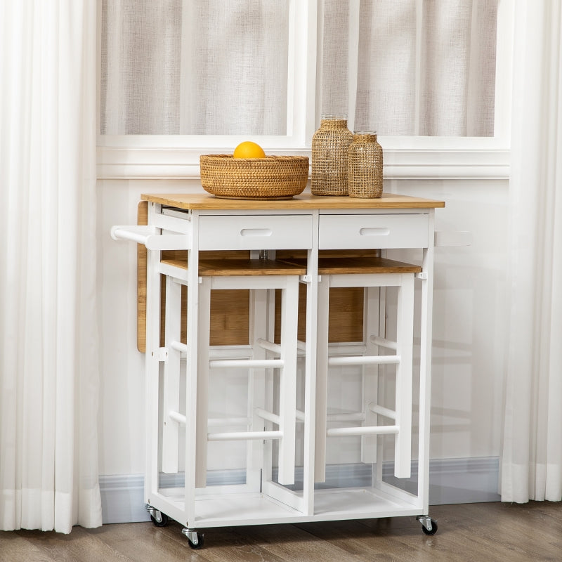 White Bamboo Kitchen Island Set with 2 Stools and Drop Leaf Top