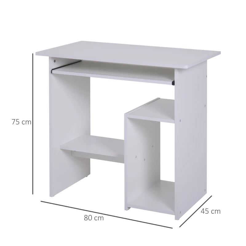 White Compact Corner Computer Desk with Keyboard Tray and Storage Shelf