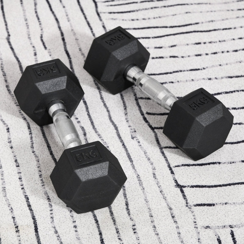 x2 5kg Hex Rubber Dumbbell Set for Home Gym Fitness